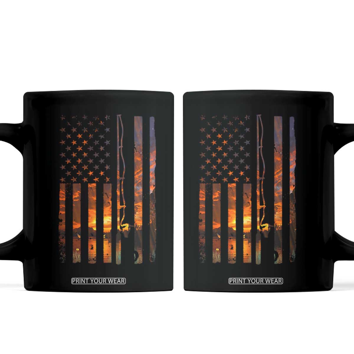American Flag Fishing Coffee Mug Fish Fisher Fisherman Fishing Rod Sunset TS10 Black Print Your Wear