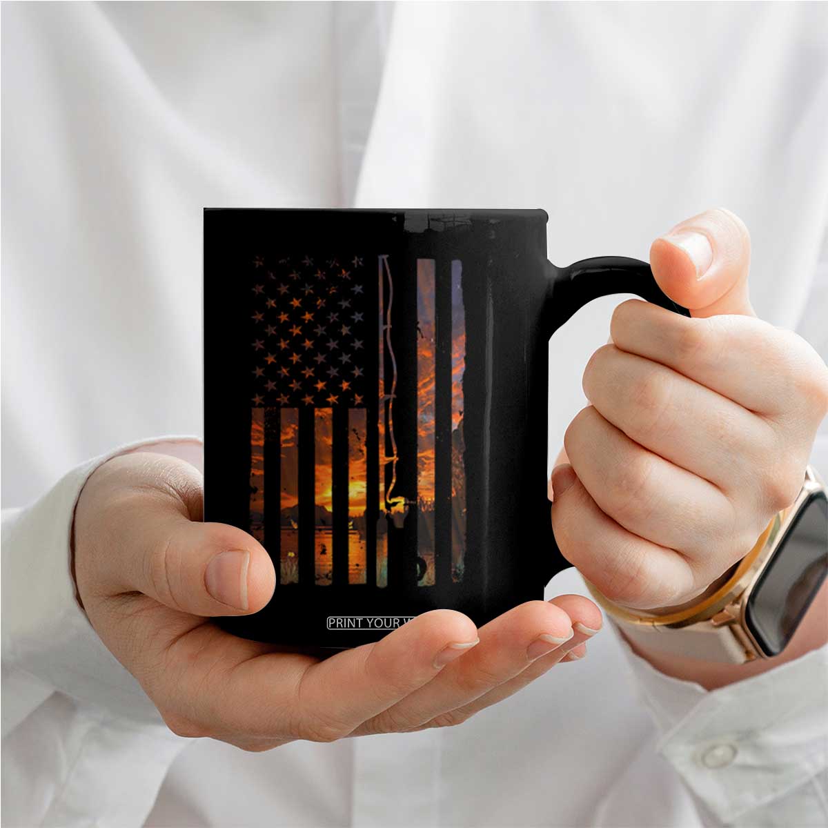 American Flag Fishing Coffee Mug Fish Fisher Fisherman Fishing Rod Sunset TS10 Print Your Wear