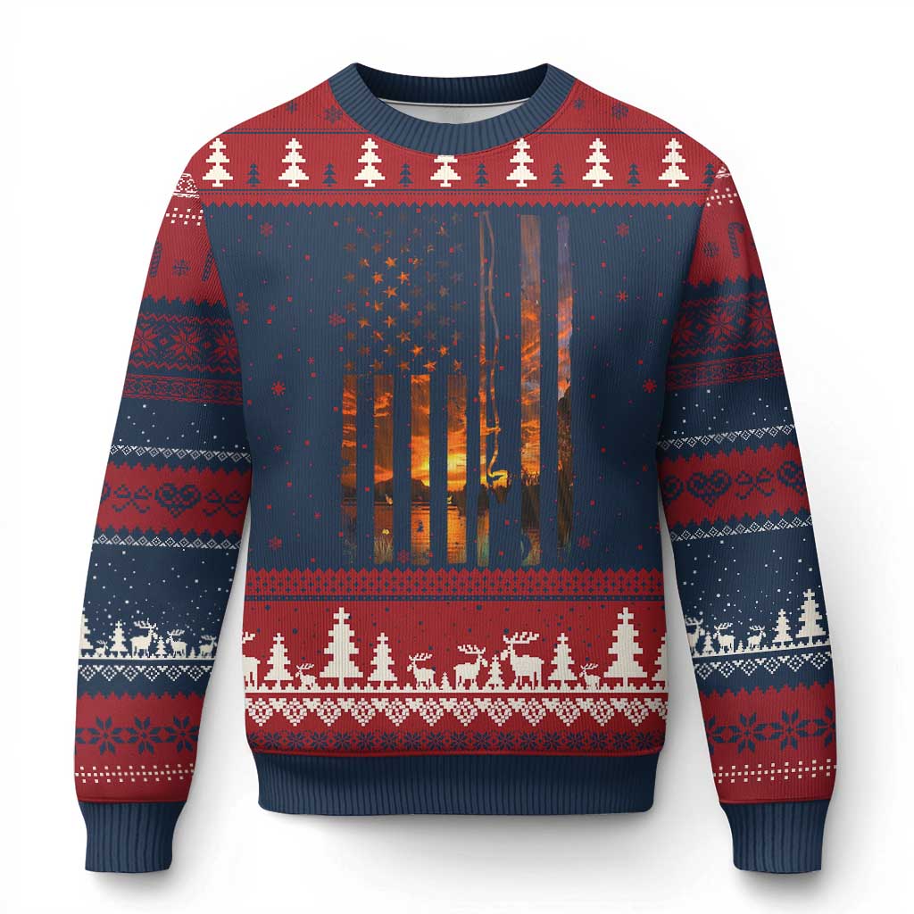 American Flag Fishing Ugly Christmas Sweater Fish Fisher Fisherman Fishing Rod Sunset TS10 Navy Red Print Your Wear