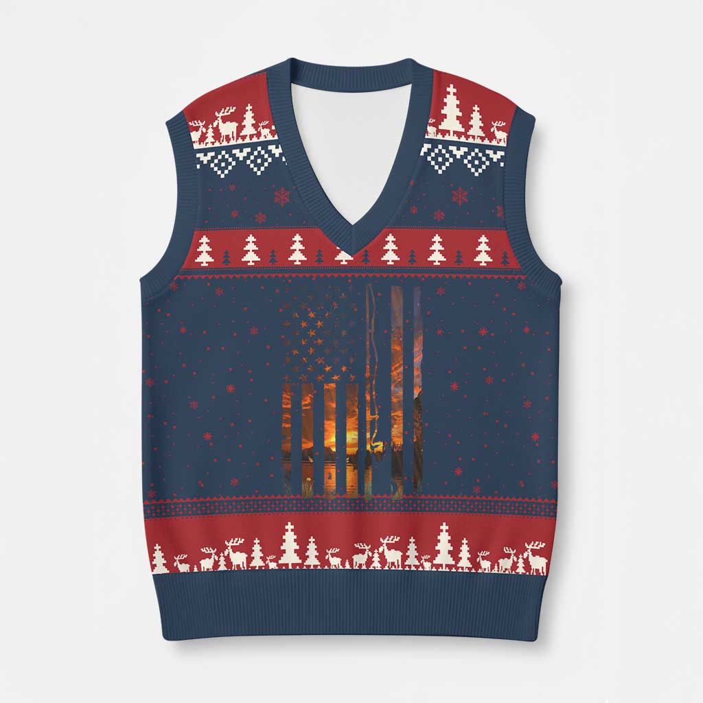 American Flag Fishing V-Neck Knit Sweater Vest Fish Fisher Fisherman Fishing Rod Sunset TS10 Navy Red Print Your Wear
