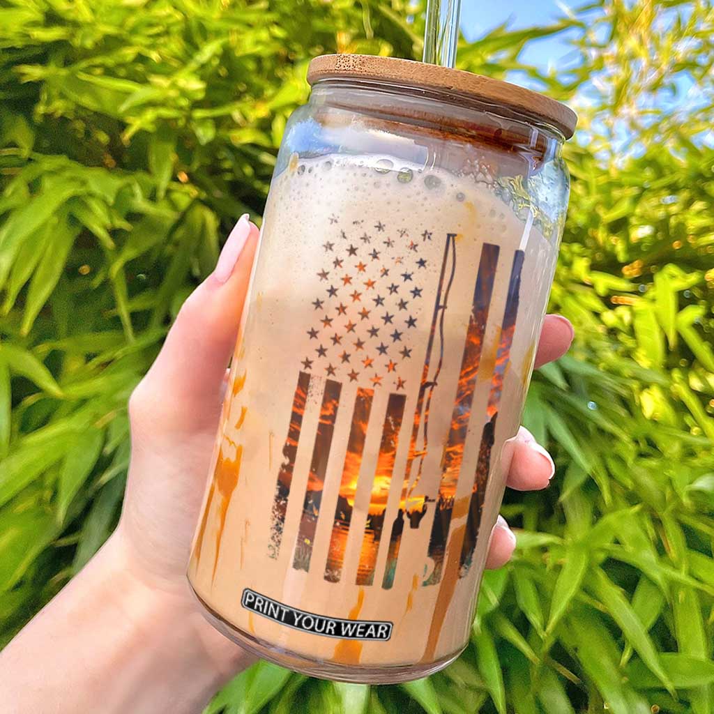 American Flag Fishing Glass Can Fish Fisher Fisherman Fishing Rod Sunset TS10 Black Print Your Wear