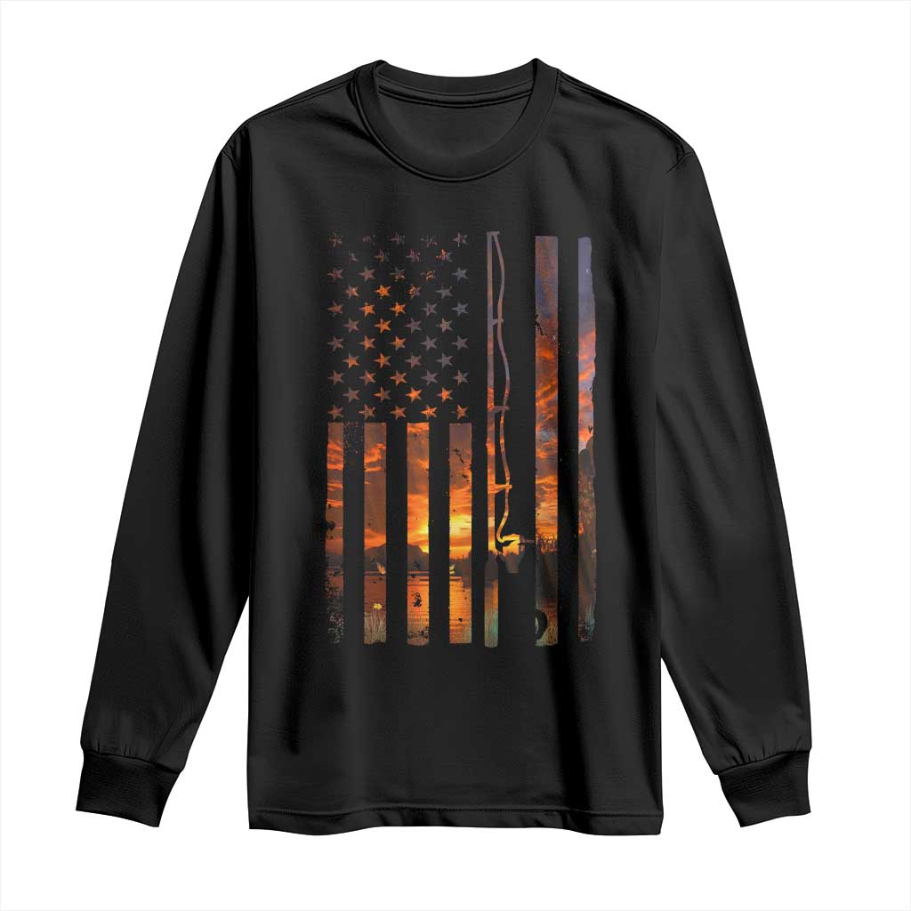 American Flag Fishing Long Sleeve Shirt Fish Fisher Fisherman Fishing Rod Sunset TS10 Black Print Your Wear