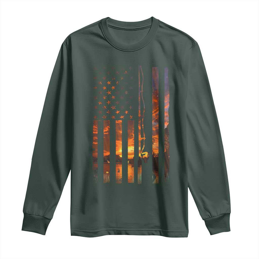 American Flag Fishing Long Sleeve Shirt Fish Fisher Fisherman Fishing Rod Sunset TS10 Dark Forest Green Print Your Wear