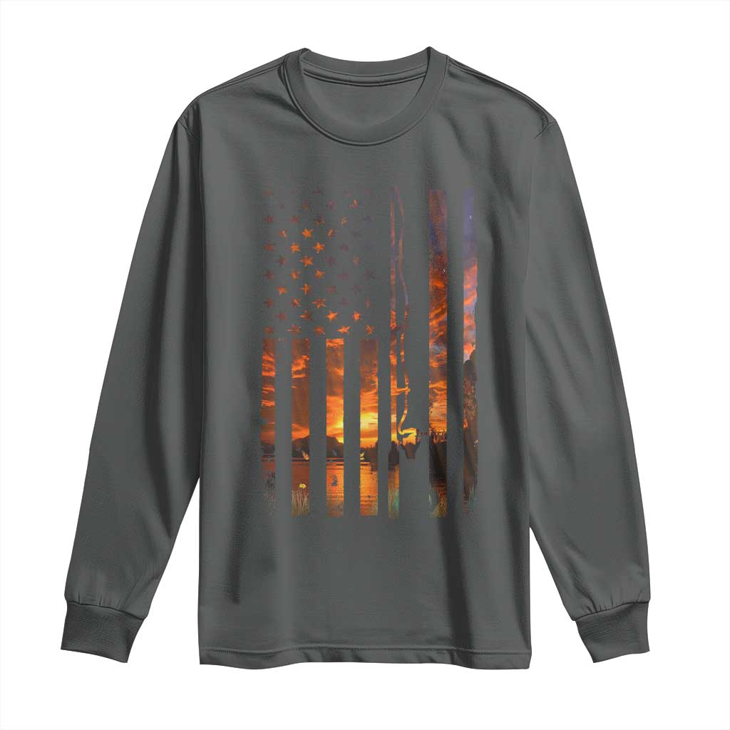 American Flag Fishing Long Sleeve Shirt Fish Fisher Fisherman Fishing Rod Sunset TS10 Dark Heather Print Your Wear