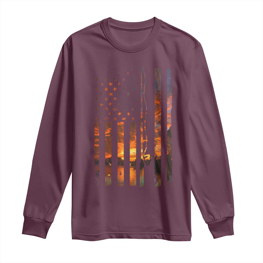 American Flag Fishing Long Sleeve Shirt Fish Fisher Fisherman Fishing Rod Sunset TS10 Maroon Print Your Wear