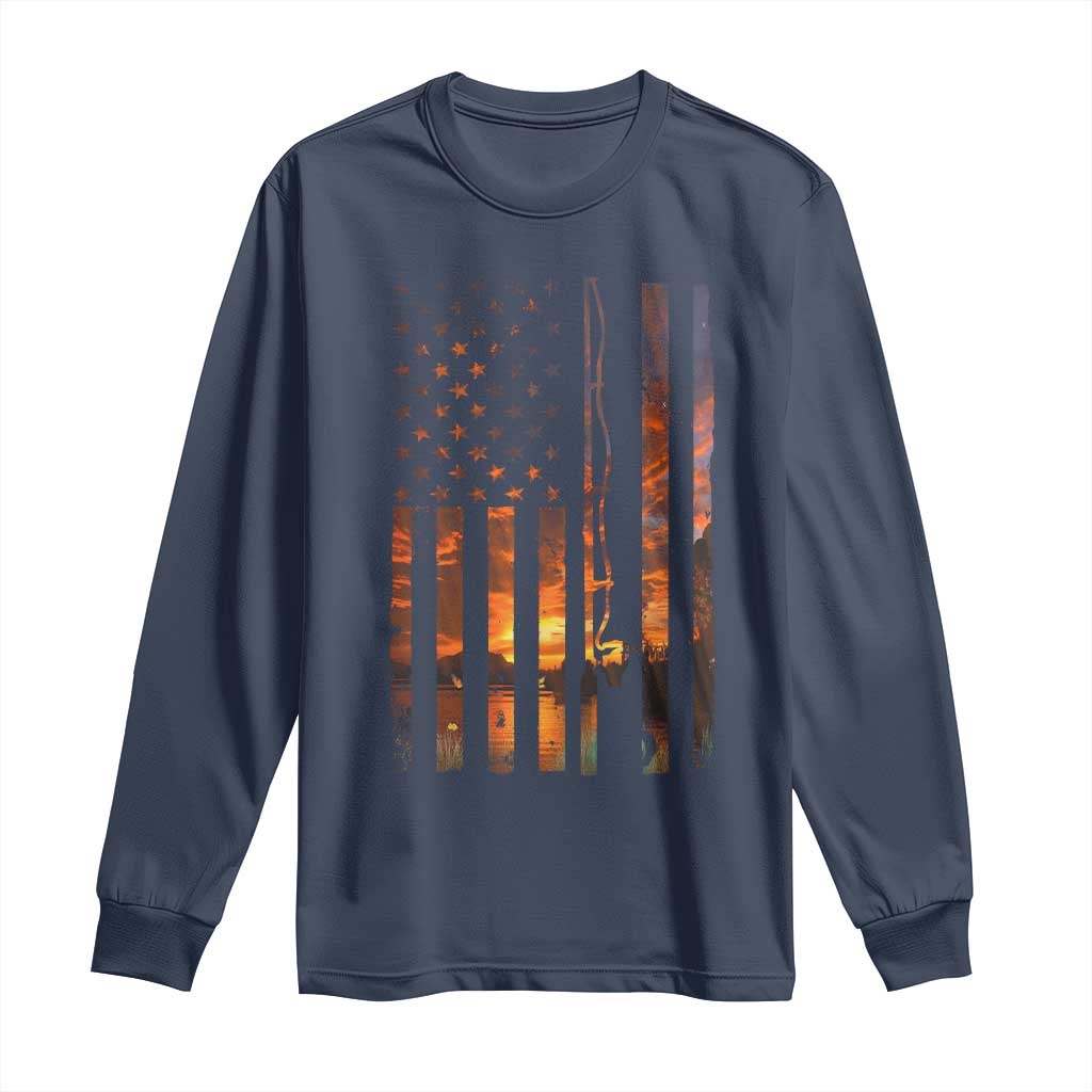 American Flag Fishing Long Sleeve Shirt Fish Fisher Fisherman Fishing Rod Sunset TS10 Navy Print Your Wear