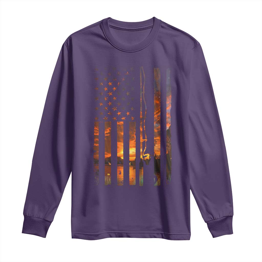 American Flag Fishing Long Sleeve Shirt Fish Fisher Fisherman Fishing Rod Sunset TS10 Purple Print Your Wear