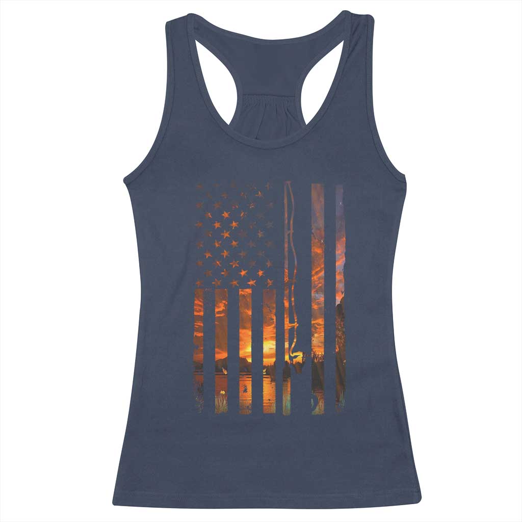 American Flag Fishing Racerback Tank Top Fish Fisher Fisherman Fishing Rod Sunset TS10 Navy Print Your Wear