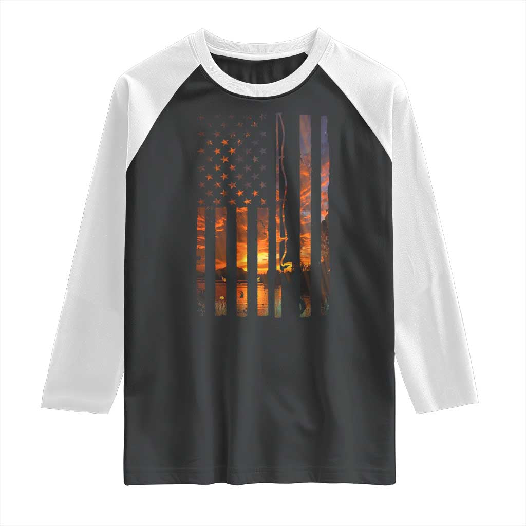 American Flag Fishing Raglan Shirt Fish Fisher Fisherman Fishing Rod Sunset TS10 Black White Print Your Wear