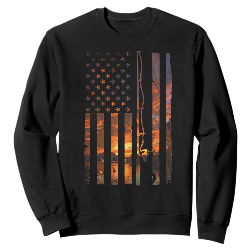 American Flag Fishing Sweatshirt Fish Fisher Fisherman Fishing Rod Sunset TS10 Black Print Your Wear