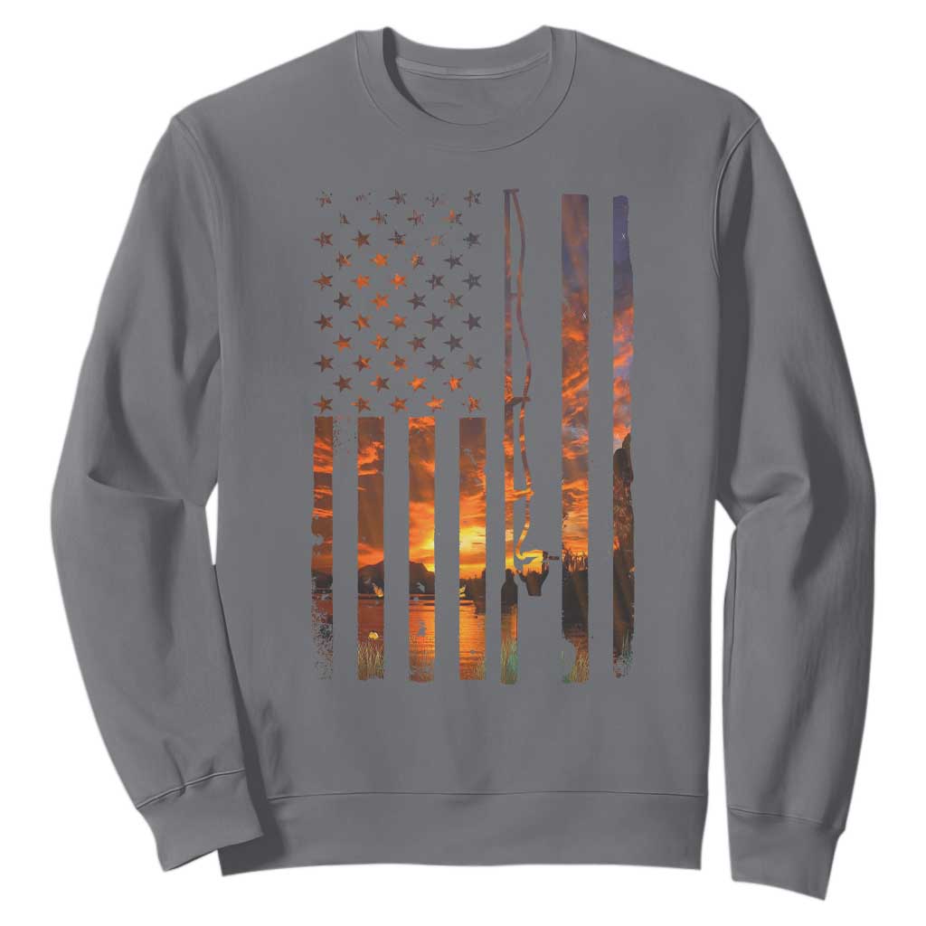 American Flag Fishing Sweatshirt Fish Fisher Fisherman Fishing Rod Sunset TS10 Charcoal Print Your Wear