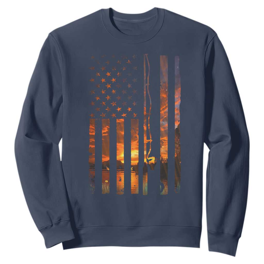 American Flag Fishing Sweatshirt Fish Fisher Fisherman Fishing Rod Sunset TS10 Navy Print Your Wear