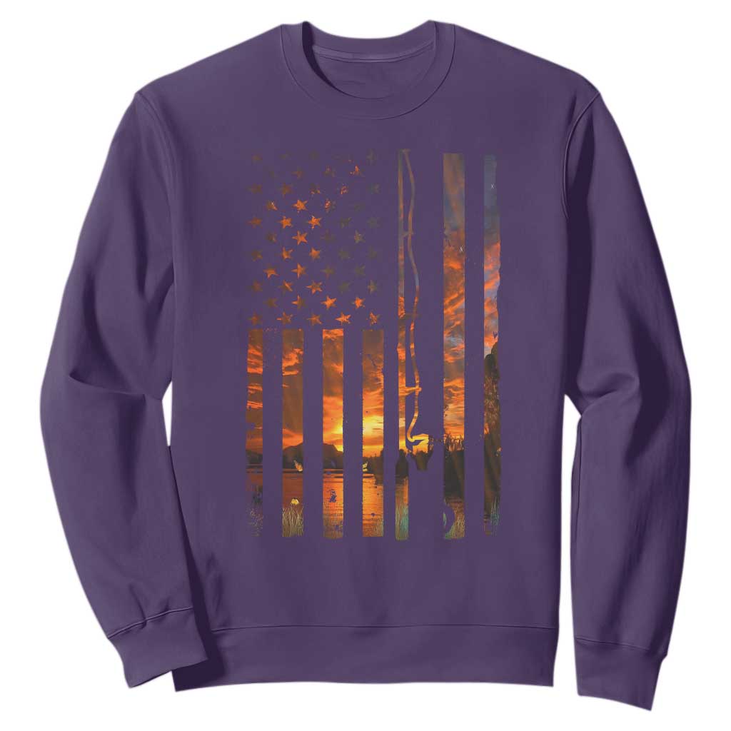 American Flag Fishing Sweatshirt Fish Fisher Fisherman Fishing Rod Sunset TS10 Purple Print Your Wear
