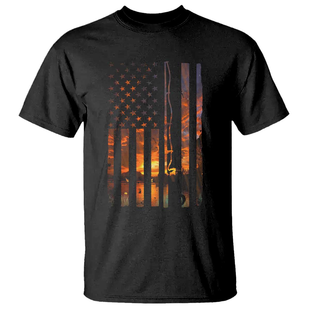 American Flag Fishing T Shirt Fish Fisher Fisherman Fishing Rod Sunset TS10 Black Print Your Wear