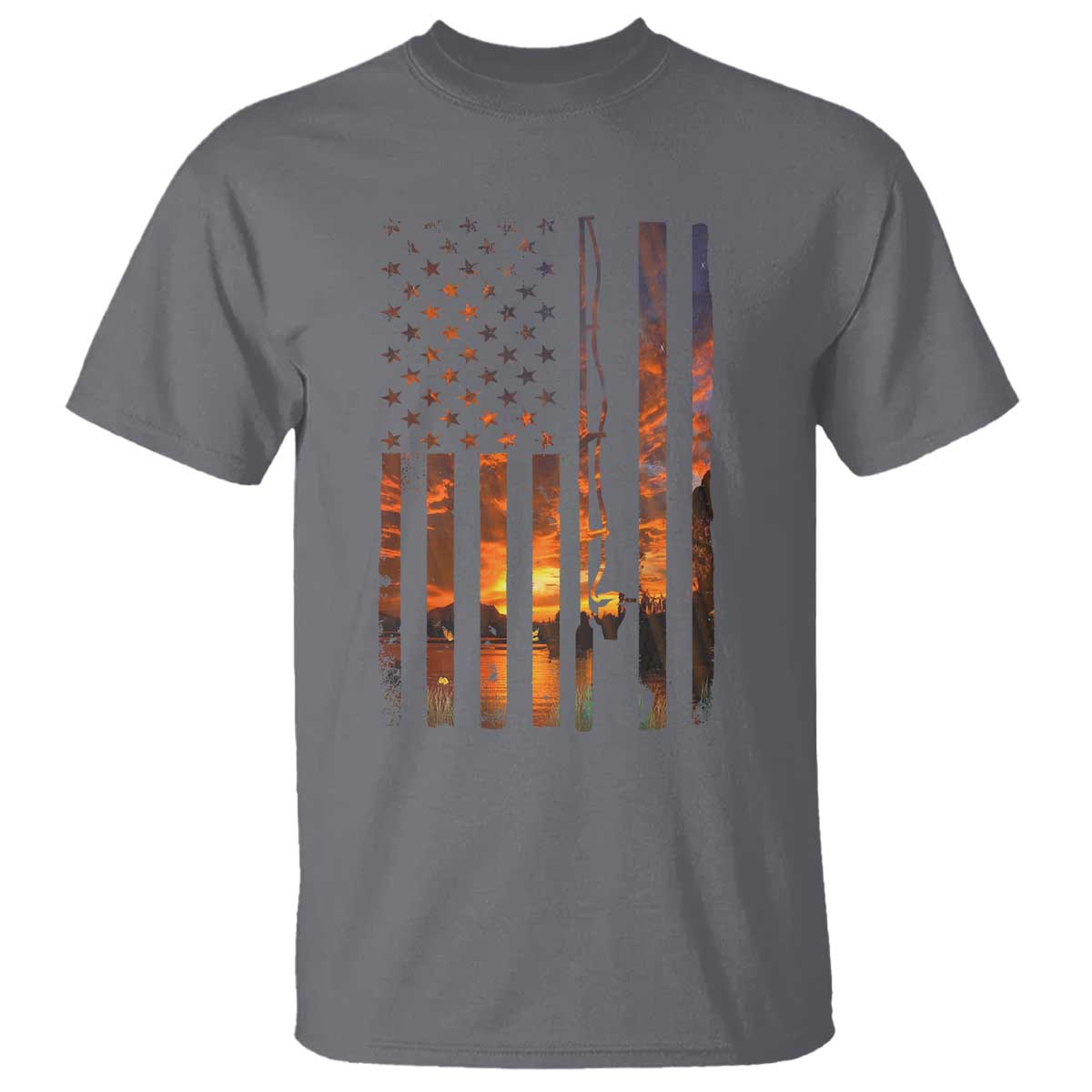 American Flag Fishing T Shirt Fish Fisher Fisherman Fishing Rod Sunset TS10 Charcoal Print Your Wear