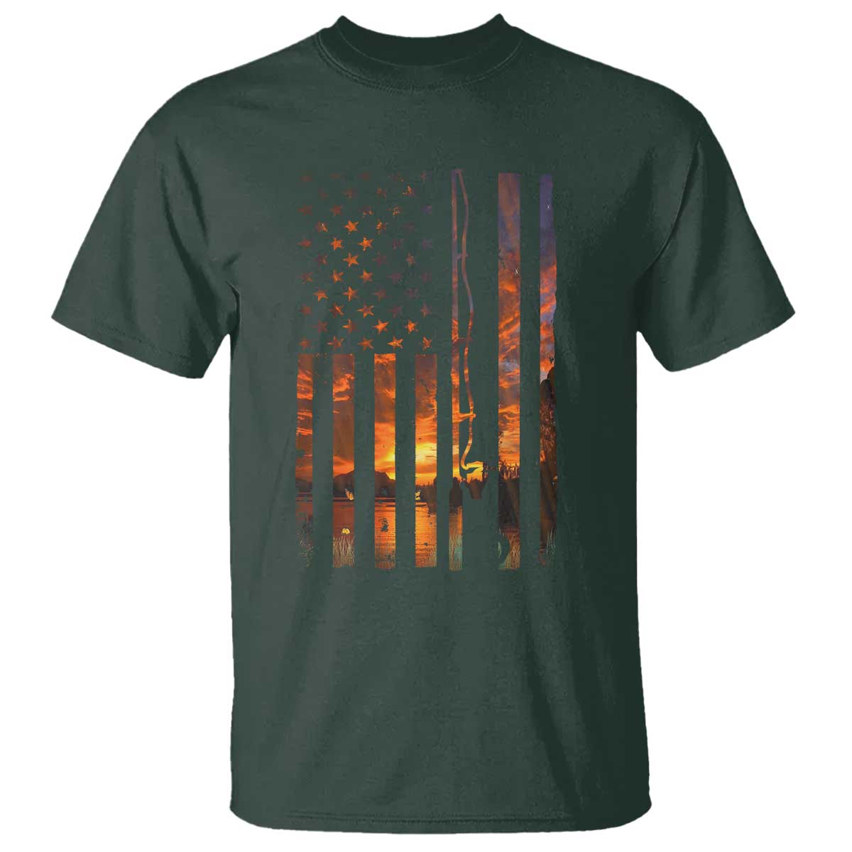 American Flag Fishing T Shirt Fish Fisher Fisherman Fishing Rod Sunset TS10 Dark Forest Green Print Your Wear