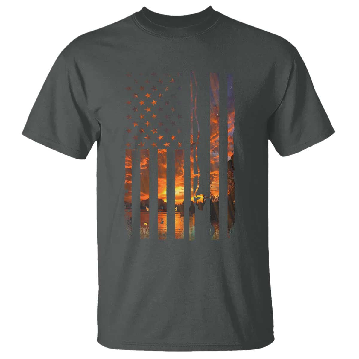 American Flag Fishing T Shirt Fish Fisher Fisherman Fishing Rod Sunset TS10 Dark Heather Print Your Wear