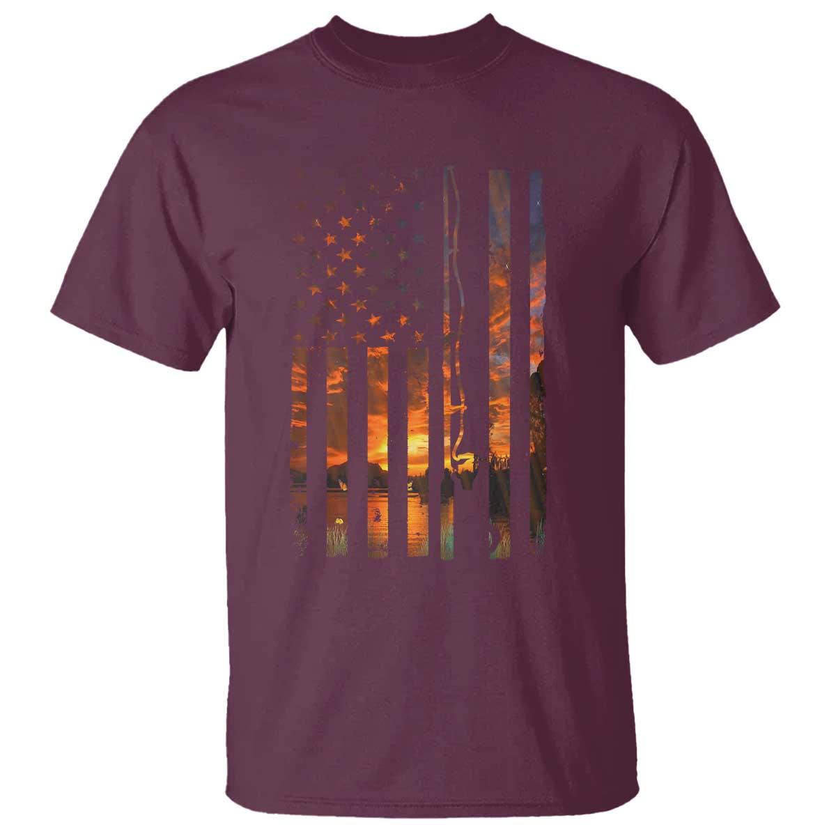 American Flag Fishing T Shirt Fish Fisher Fisherman Fishing Rod Sunset TS10 Maroon Print Your Wear