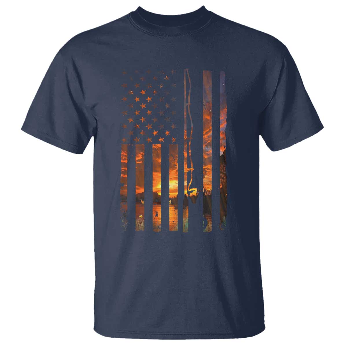 American Flag Fishing T Shirt Fish Fisher Fisherman Fishing Rod Sunset TS10 Navy Print Your Wear