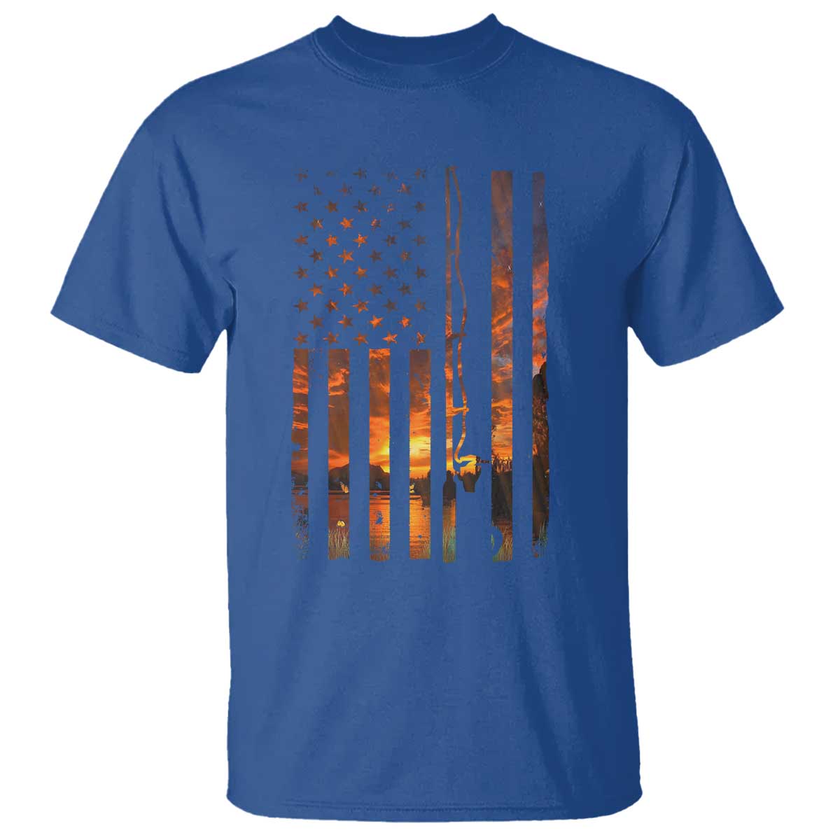 American Flag Fishing T Shirt Fish Fisher Fisherman Fishing Rod Sunset TS10 Royal Blue Print Your Wear
