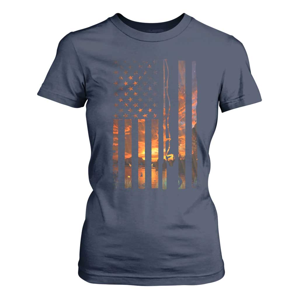 American Flag Fishing T Shirt For Women Fish Fisher Fisherman Fishing Rod Sunset TS10 Navy Print Your Wear