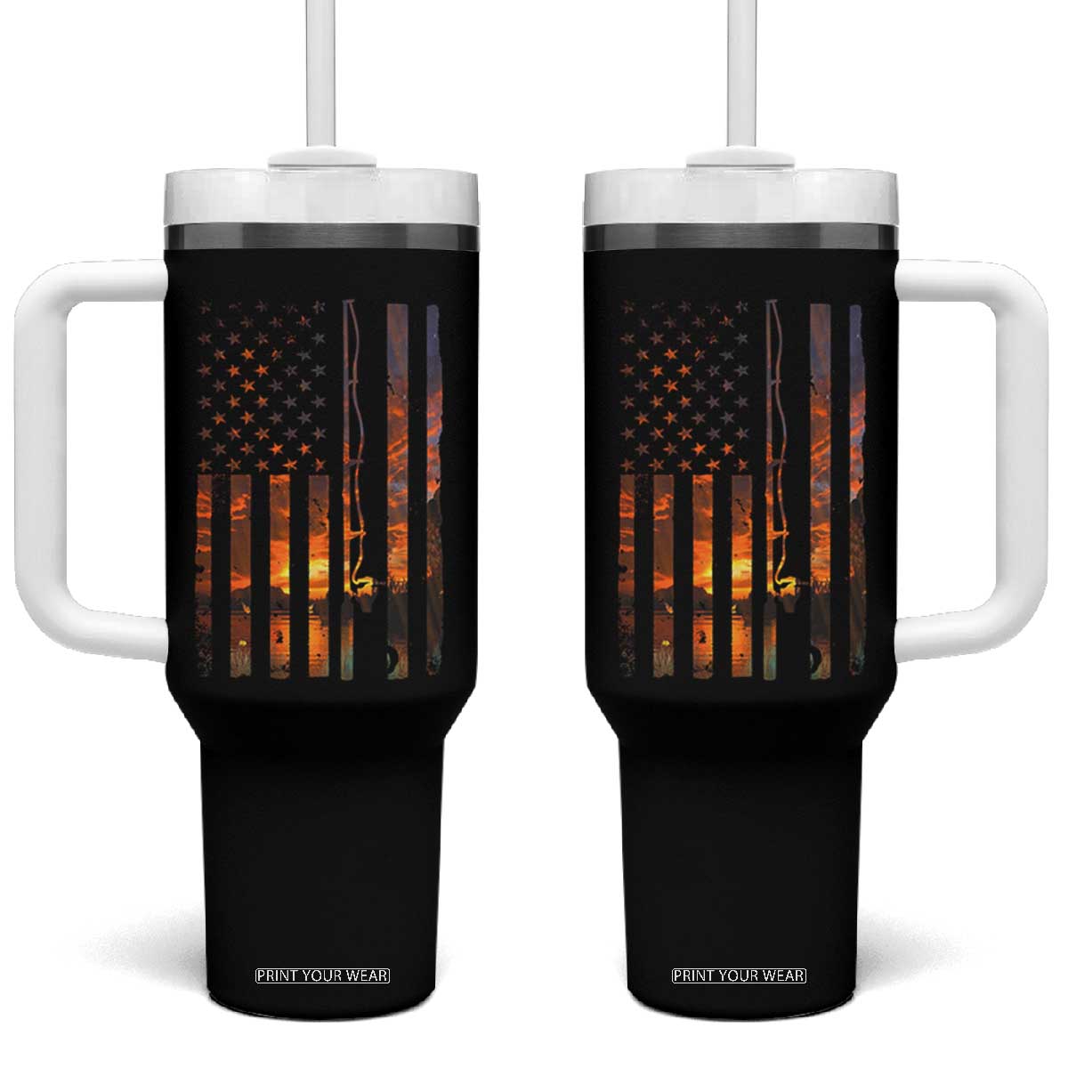 American Flag Fishing Tumbler With Handle Fish Fisher Fisherman Fishing Rod Sunset TS10 One Size: 40 oz Black Print Your Wear