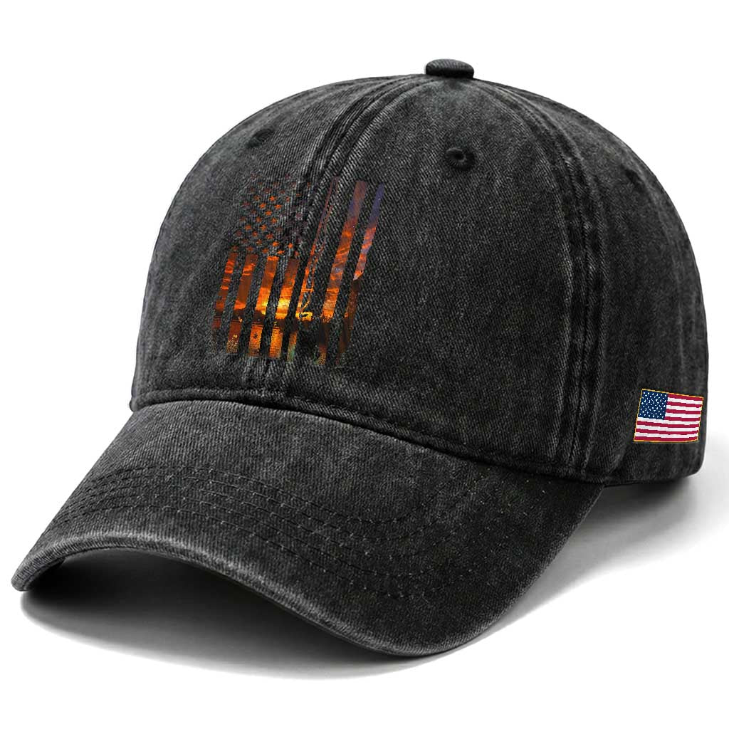 American Flag Fishing Washed Cotton Baseball Cap Fish Fisher Fisherman Fishing Rod Sunset