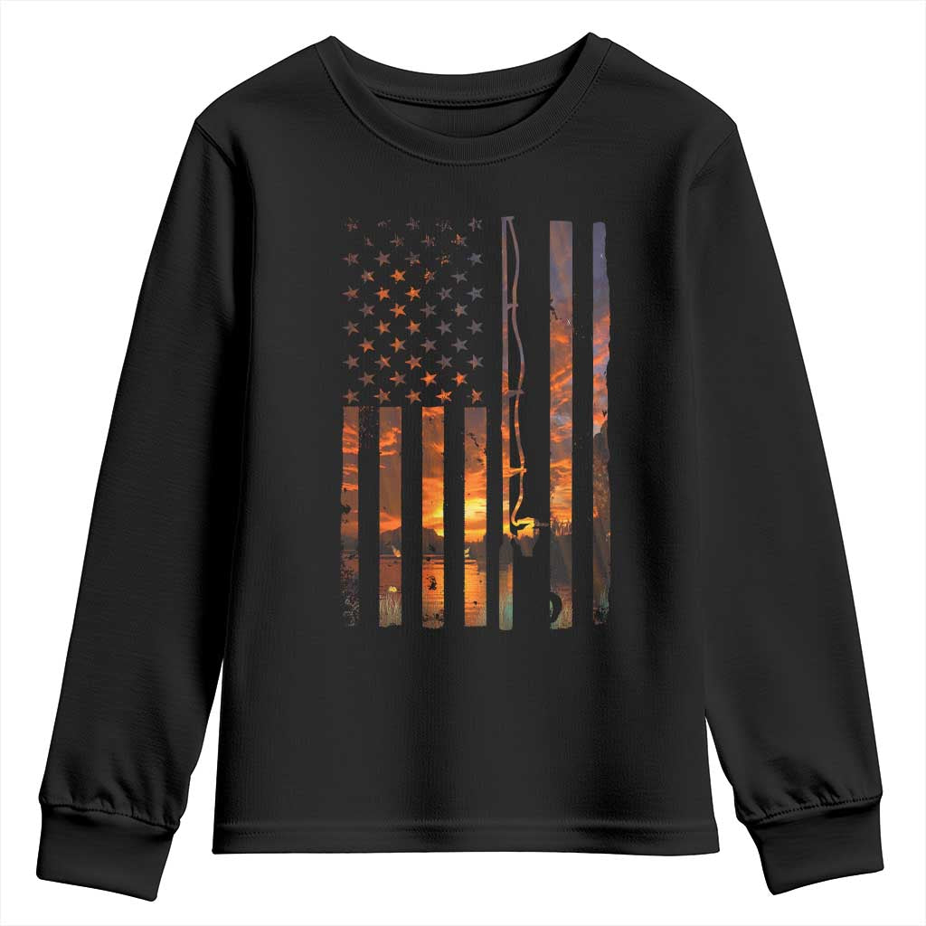 American Flag Fishing Youth Sweatshirt Fish Fisher Fisherman Fishing Rod Sunset TS10 Black Print Your Wear