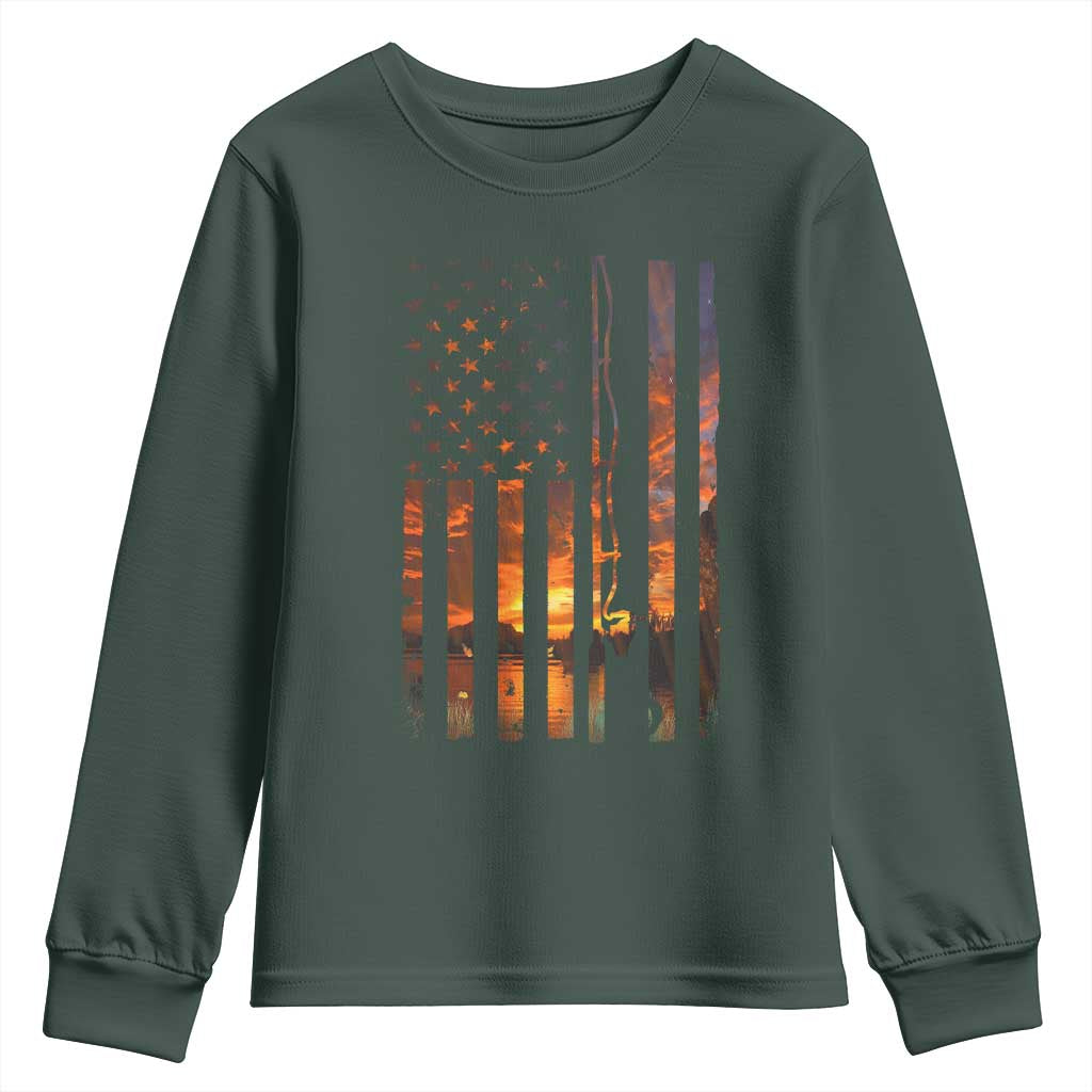 American Flag Fishing Youth Sweatshirt Fish Fisher Fisherman Fishing Rod Sunset TS10 Dark Forest Green Print Your Wear