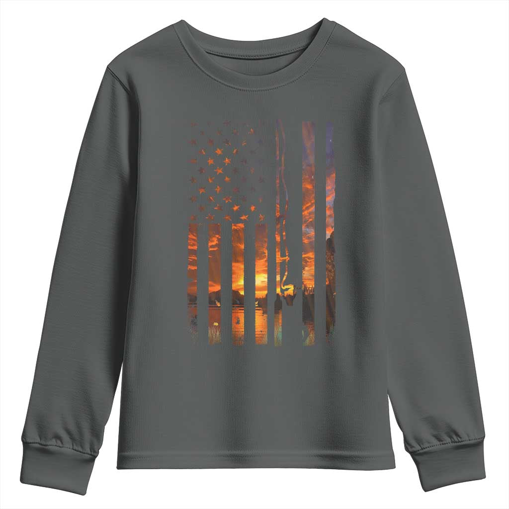 American Flag Fishing Youth Sweatshirt Fish Fisher Fisherman Fishing Rod Sunset TS10 Dark Heather Print Your Wear