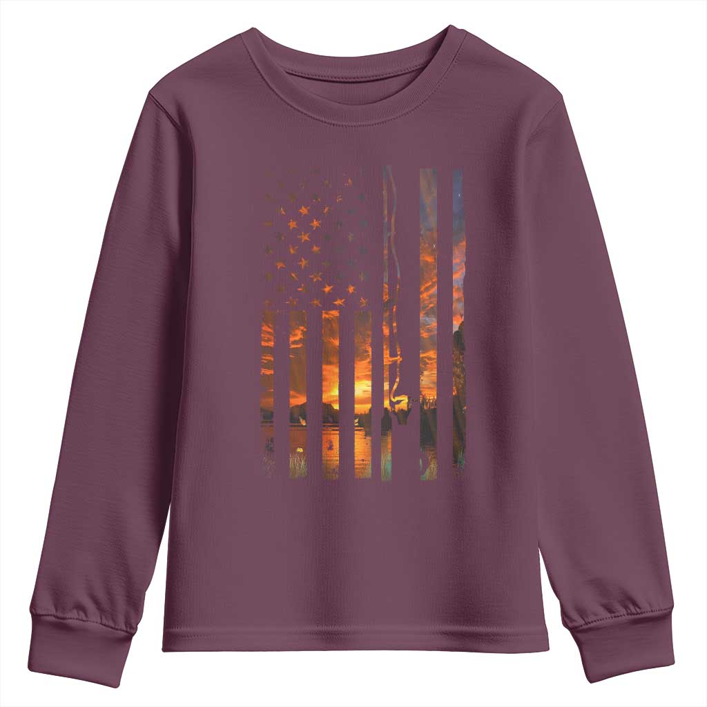 American Flag Fishing Youth Sweatshirt Fish Fisher Fisherman Fishing Rod Sunset TS10 Maroon Print Your Wear