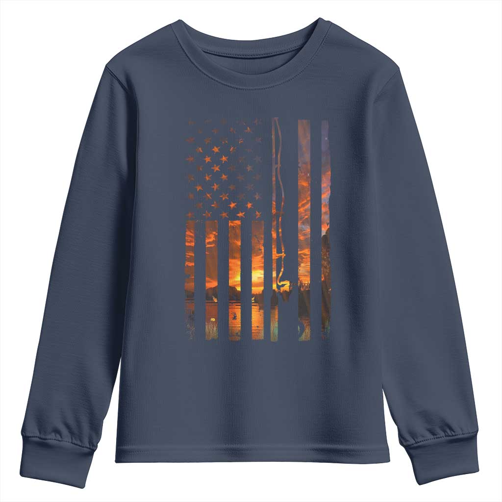 American Flag Fishing Youth Sweatshirt Fish Fisher Fisherman Fishing Rod Sunset TS10 Navy Print Your Wear