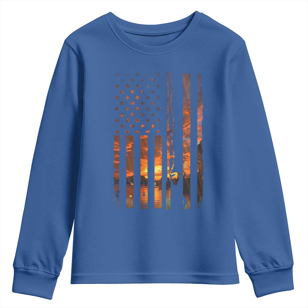 American Flag Fishing Youth Sweatshirt Fish Fisher Fisherman Fishing Rod Sunset TS10 Royal Blue Print Your Wear