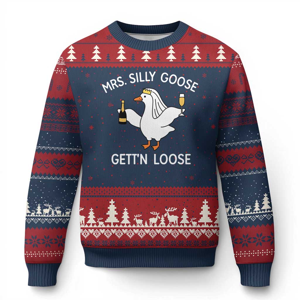 Mrs. Silly Goose Bride Ugly Christmas Sweater Funny Goose Lovers TS10 Navy Red Print Your Wear