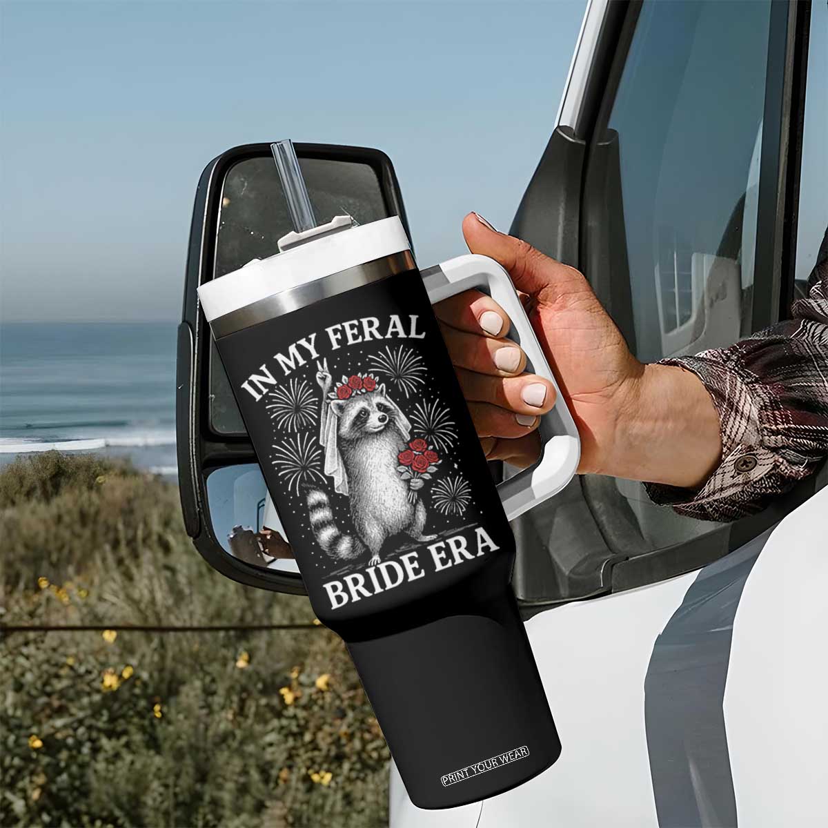 In My Feral Bride Era Tumbler With Handle Funny Raccoon Lovers TS10 Print Your Wear