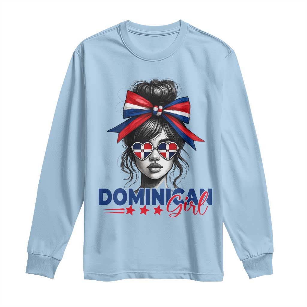 Dominican Girl Long Sleeve Shirt Messy Bun Caribbean Dominican Republic DR Flag TS10 Light Blue Print Your Wear