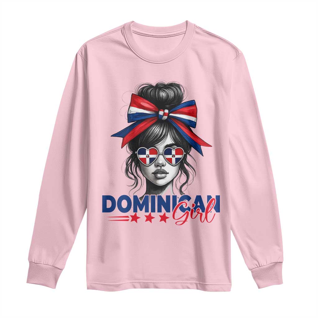 Dominican Girl Long Sleeve Shirt Messy Bun Caribbean Dominican Republic DR Flag TS10 Light Pink Print Your Wear