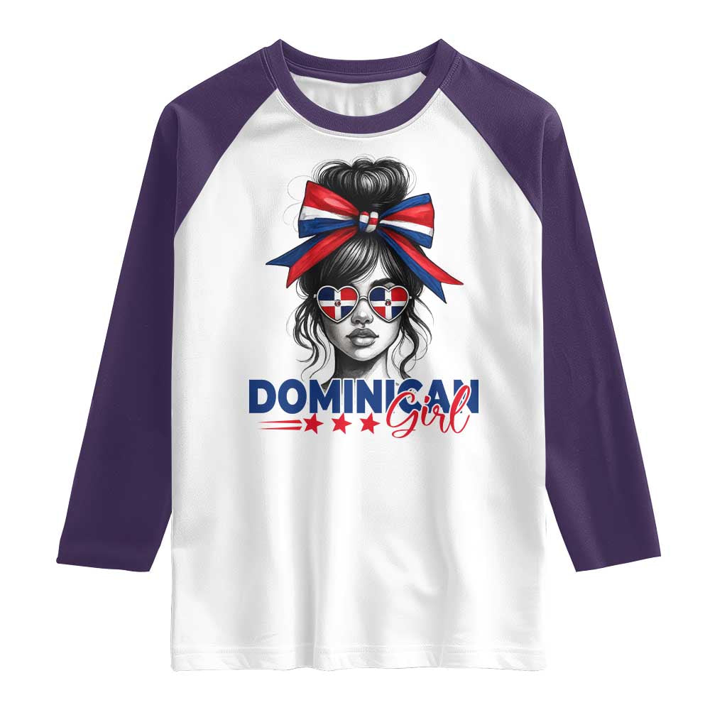 Dominican Girl Raglan Shirt Messy Bun Caribbean Dominican Republic DR Flag TS10 White Purple Print Your Wear