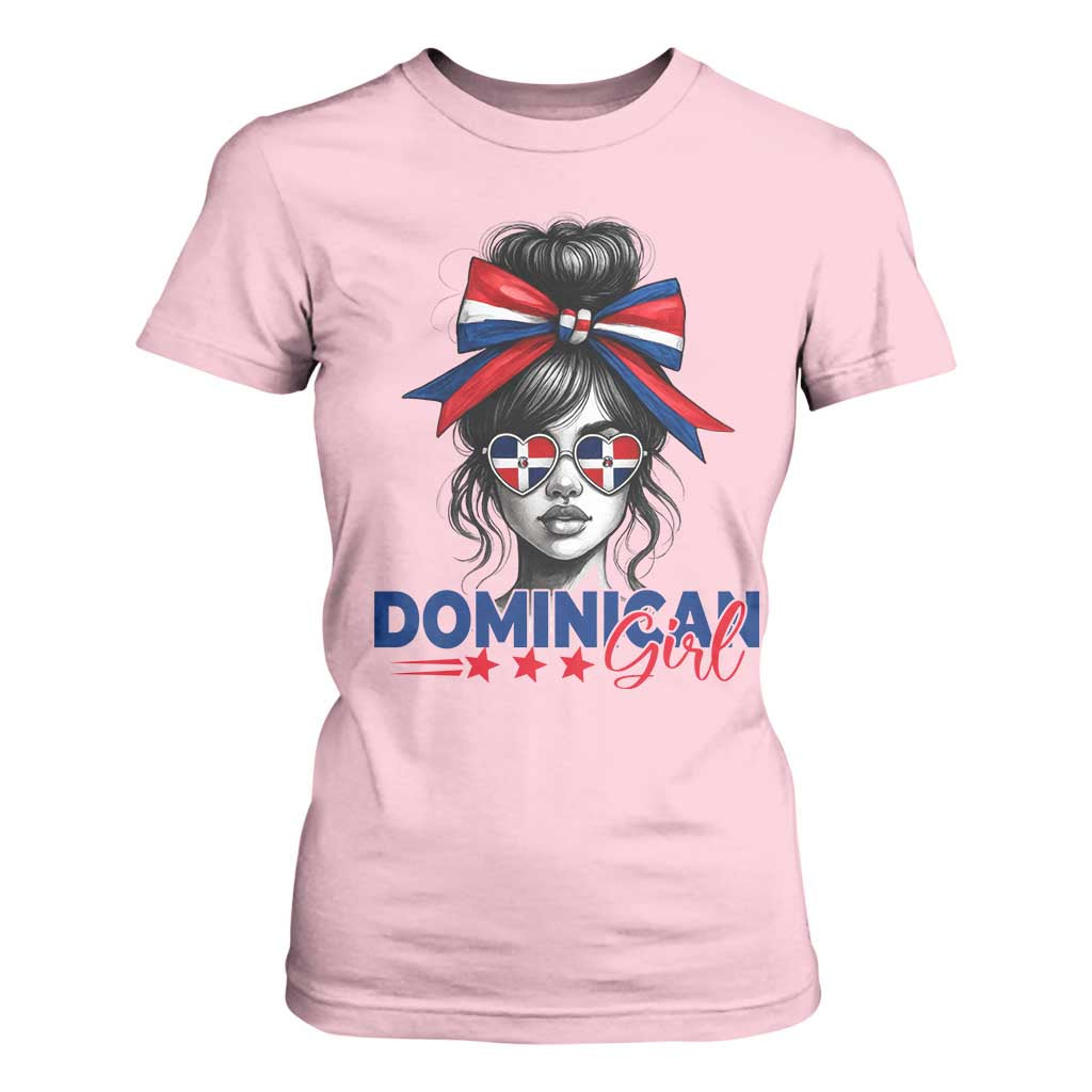 Dominican Girl T Shirt For Women Messy Bun Caribbean Dominican Republic DR Flag TS10 Light Pink Print Your Wear
