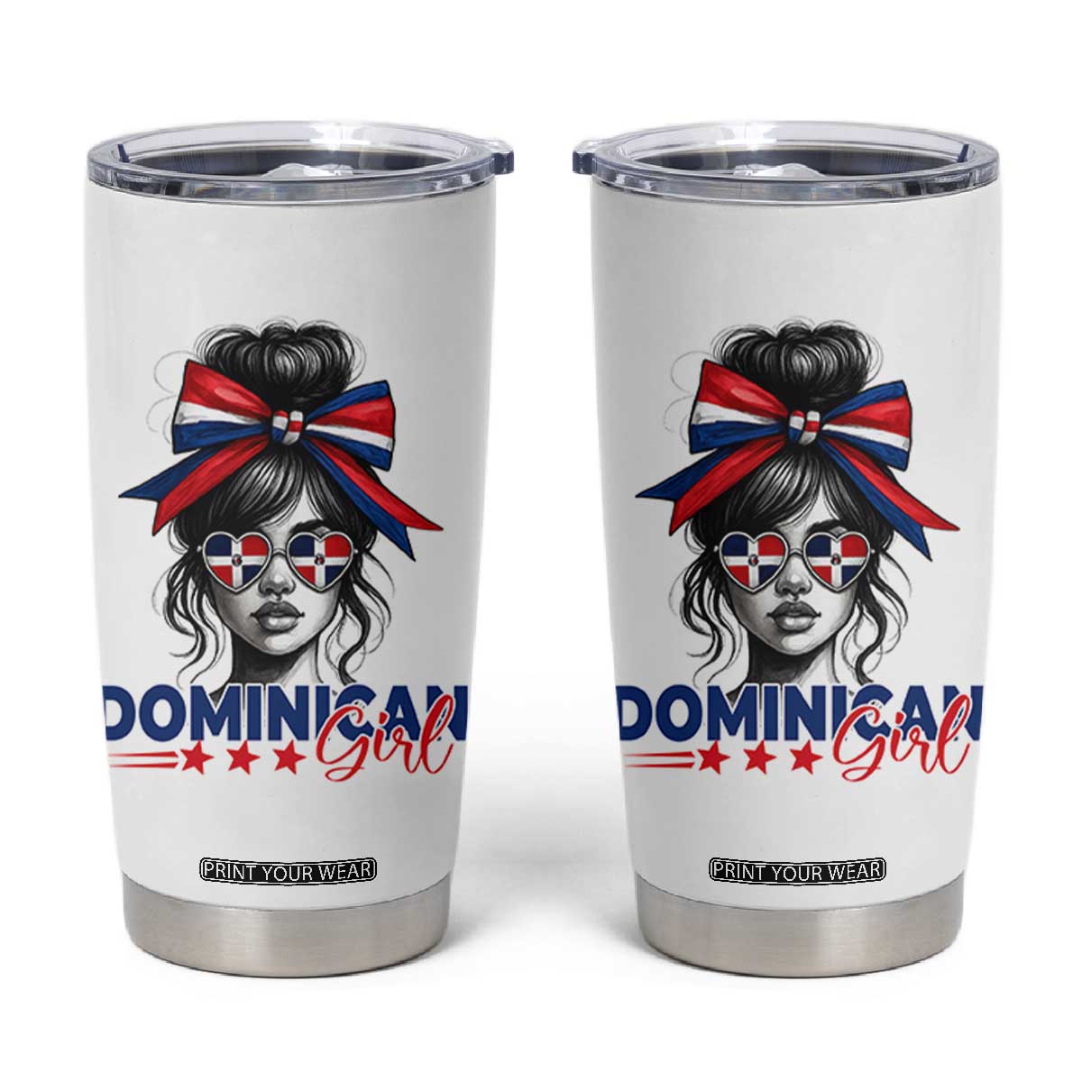 Dominican Girl Tumbler Cup Messy Bun Caribbean Dominican Republic DR Flag TS10 White Print Your Wear