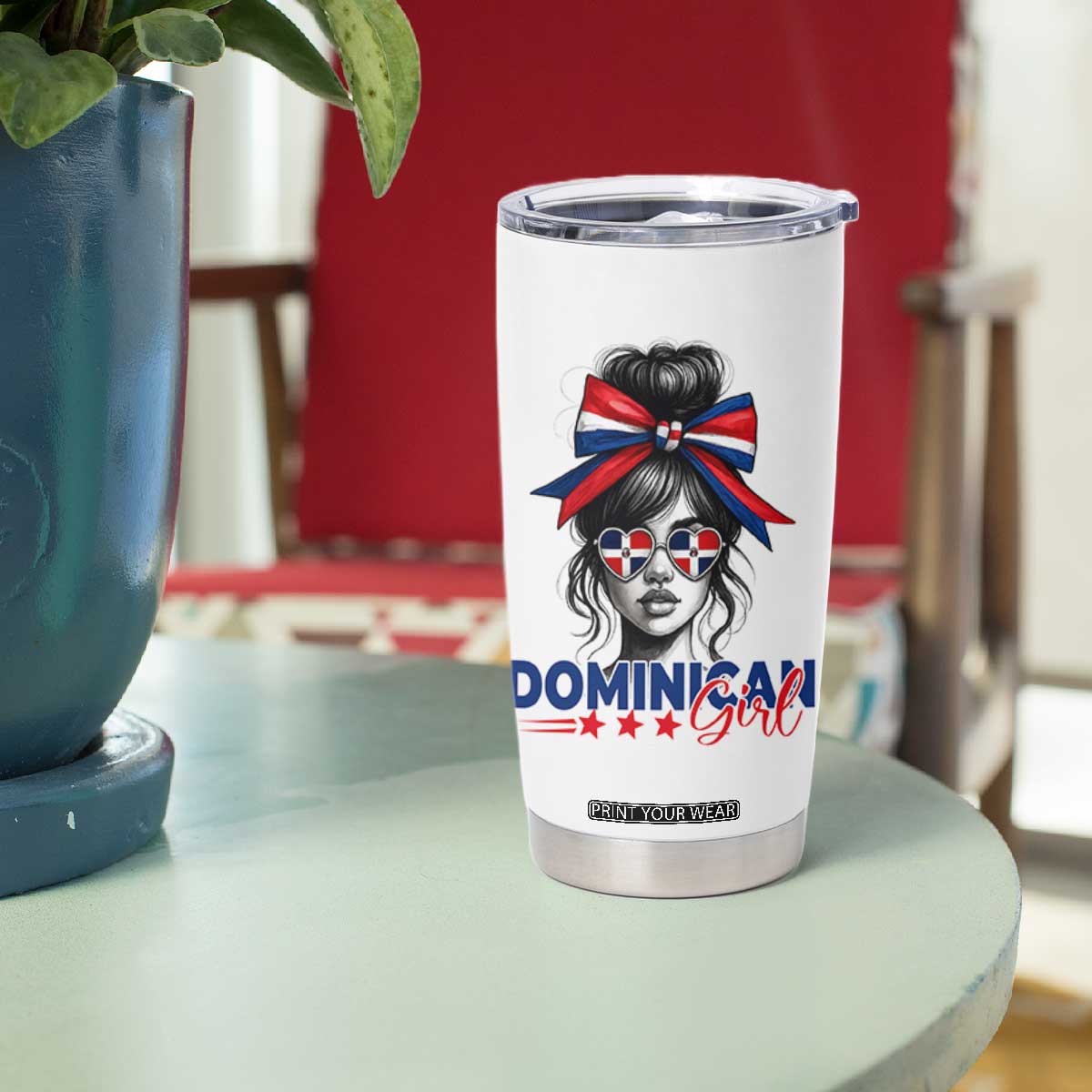 Dominican Girl Tumbler Cup Messy Bun Caribbean Dominican Republic DR Flag TS10 Print Your Wear
