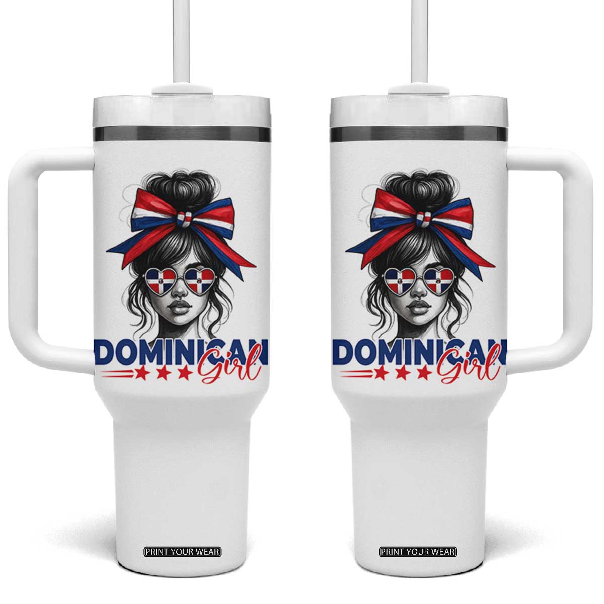 Dominican Girl Tumbler With Handle Messy Bun Caribbean Dominican Republic DR Flag TS10 One Size: 40 oz White Print Your Wear
