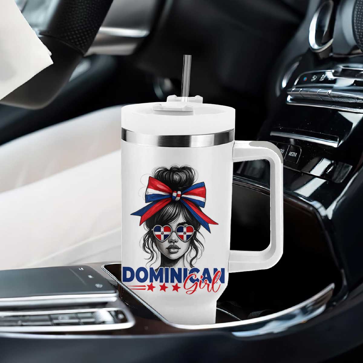 Dominican Girl Tumbler With Handle Messy Bun Caribbean Dominican Republic DR Flag TS10 Print Your Wear