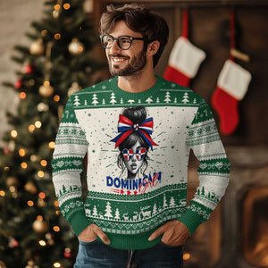 Dominican Girl Knit Sweatshirt Messy Bun Caribbean Dominican Republic DR Flag TS10 Green Print Your Wear