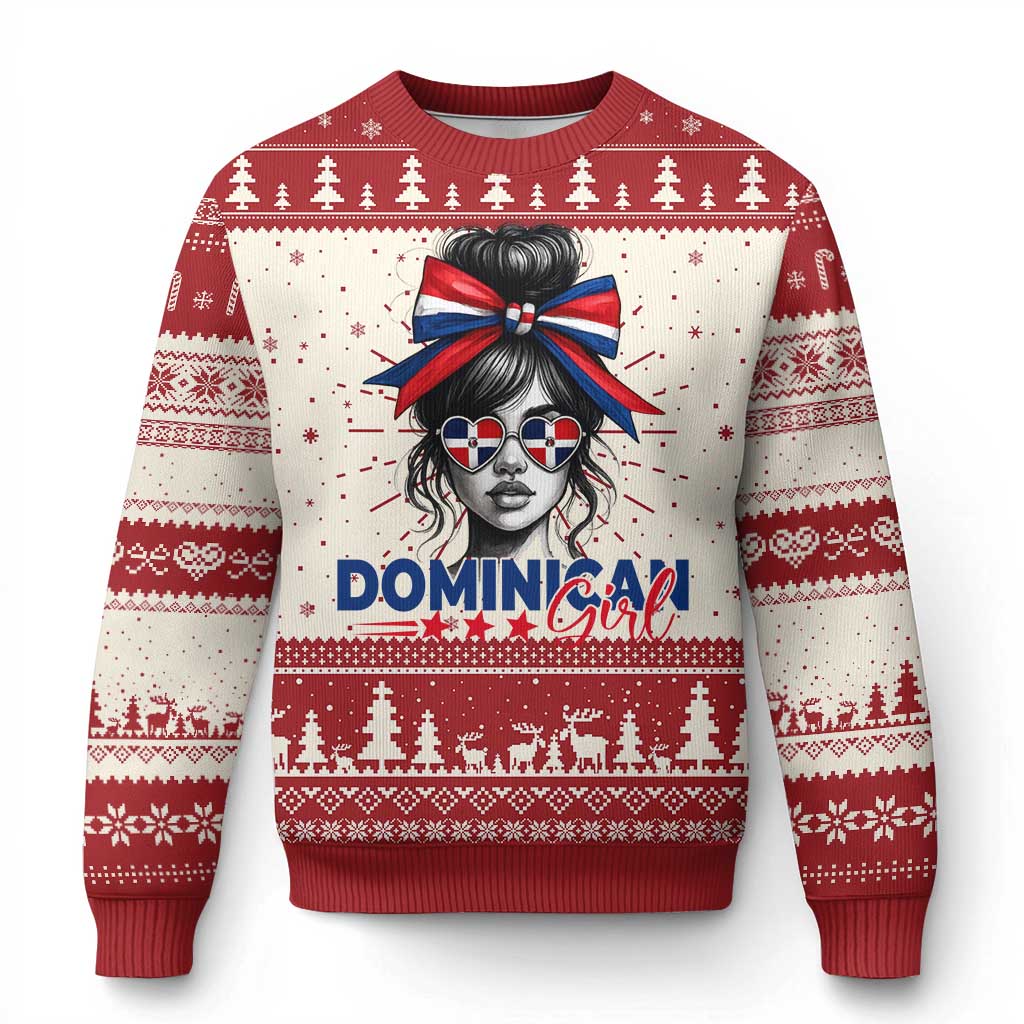 Dominican Girl Knit Sweatshirt Messy Bun Caribbean Dominican Republic DR Flag TS10 Red Print Your Wear