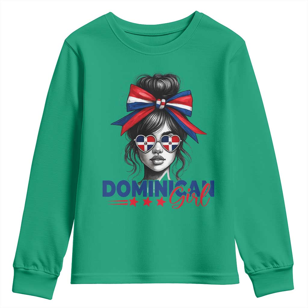 Dominican Girl Youth Sweatshirt Messy Bun Caribbean Dominican Republic DR Flag TS10 Irish Green Print Your Wear