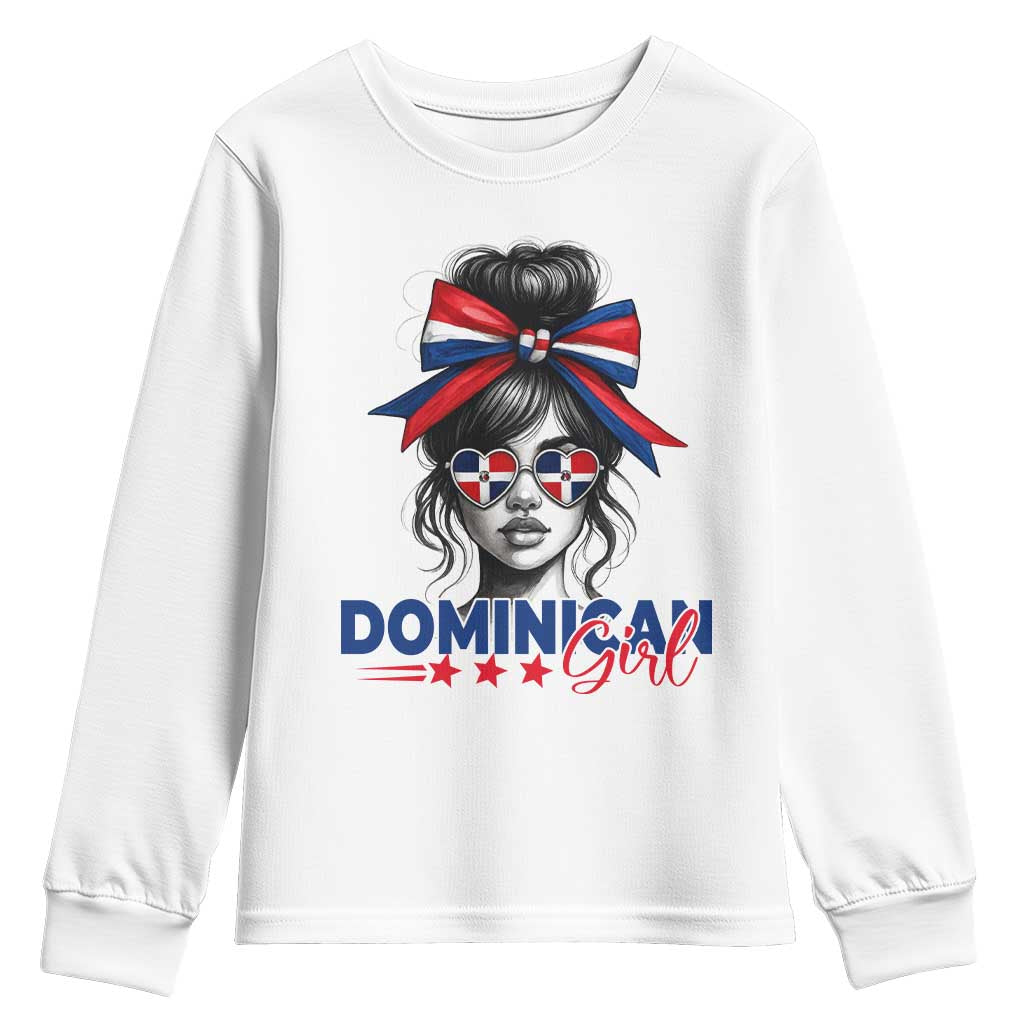 Dominican Girl Youth Sweatshirt Messy Bun Caribbean Dominican Republic DR Flag TS10 White Print Your Wear