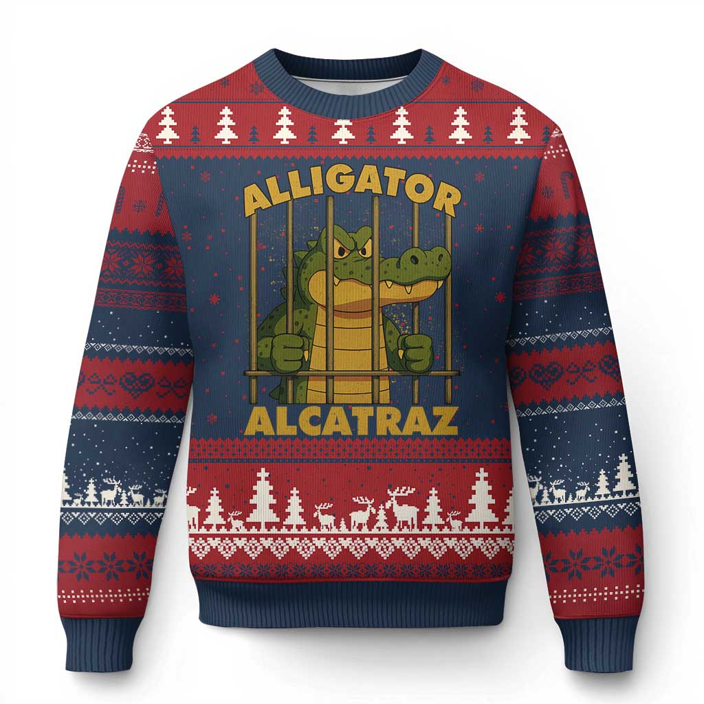 Alligator Alcatraz Florida Everglades Ugly Christmas Sweater Funny Political Satire Meme TS10 Navy Red Print Your Wear