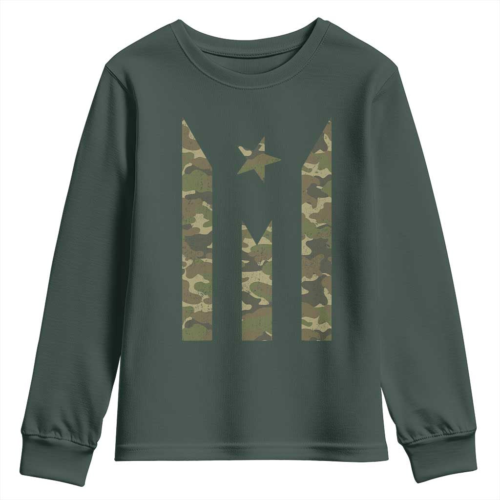 Camo Puerto Rico Flag Youth Sweatshirt Hispanic Heritage Month Boricua Rican TS10 Dark Forest Green Print Your Wear