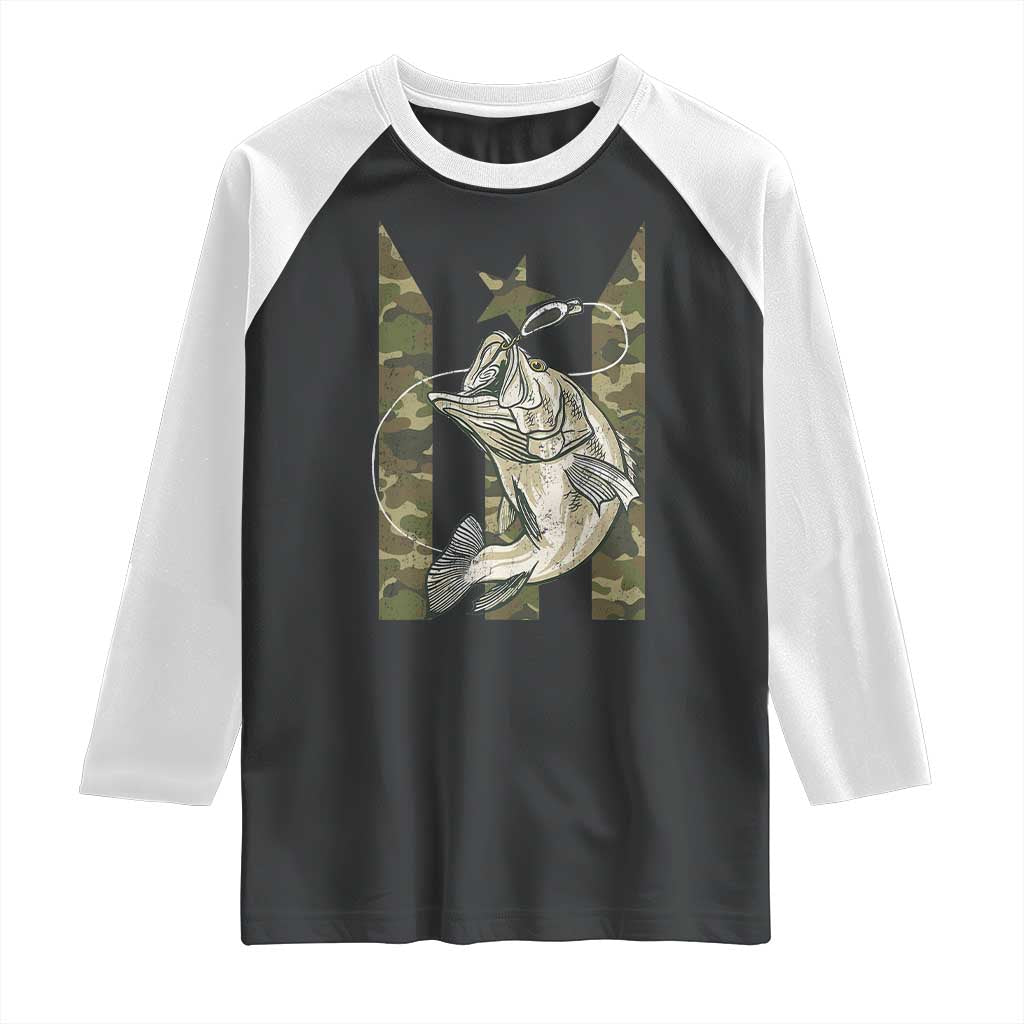 Fishing Puerto Rico Flag Raglan Shirt Bass Fish Fisherman Camo Camouflage US Flag TS10 Black White Print Your Wear